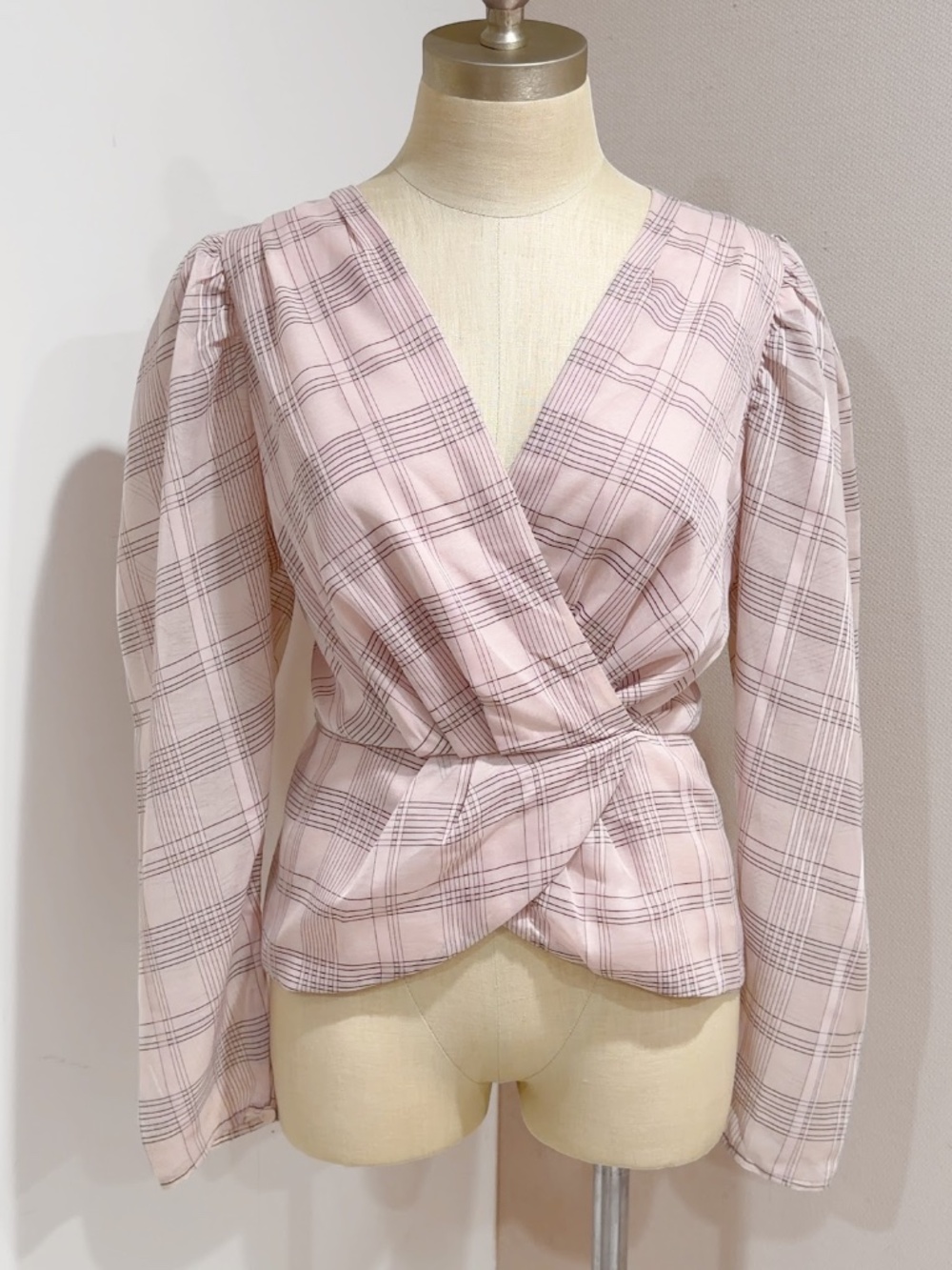 Express Women's Pink and Grey Plaid Check Print Long Sleeve Wrap Top Size L